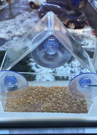 Оконная кормушка для птиц на окно стекло прозрачная домик годівниця