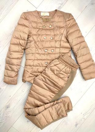 Теплий бежевий лижній зимний костюм плащевка мех
