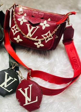 Сумка жіноча червона в стилі louis vuitton multi pochette 3в1 сумочка клатч луї вітон крос-боді