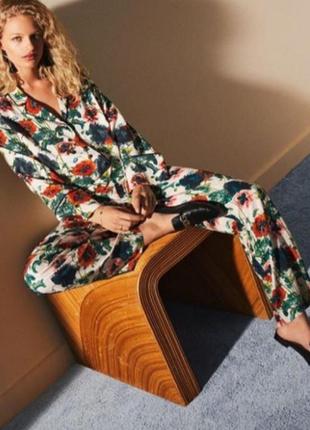 H&m натуральні шовкові квіткові штани палаццо принт квіти маки