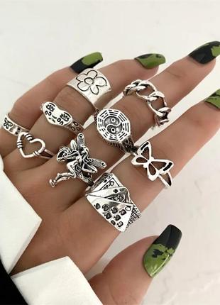 Набор колец 9 шт кольца в стиле панк рок хип хоп кольцо  феей плакса колечко инь янь кольцо с картами цветочное колечко