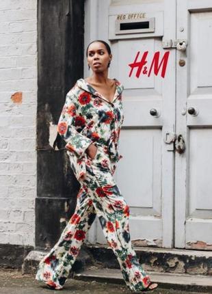 H&m натуральные шелковые цветочные брюки палаццо принт цветы маки4 фото