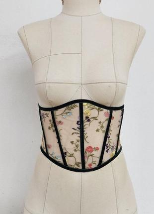 Пояс корсет черный с вышитыми цветами