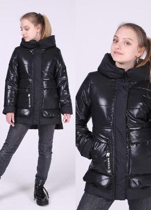 Чорна курточка демісезонна для дівчинки 134-158 зростання