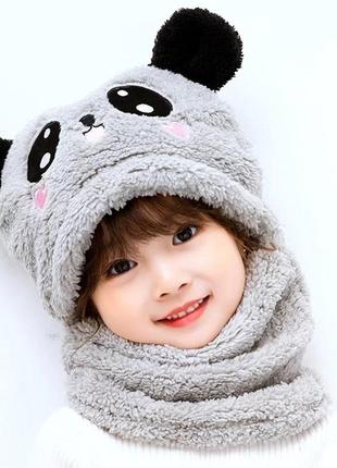 Детский снуд панда с ушками (мишка) теплая шапка-шарф 2 в 1 (зимняя шапка-шлем, балаклава) серая, унисекс