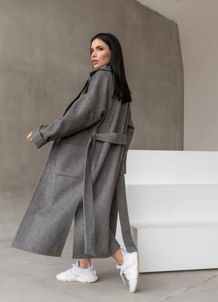 Пальто женское, миди, с поясом, серое, оверсайз, шерстяное, демисезонное, пальто - халат, бренд