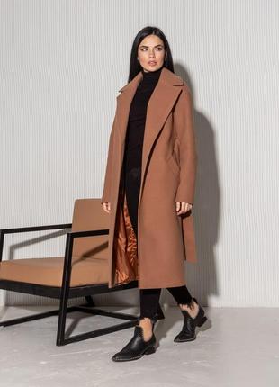 Пальто женское, миди, с поясом, карамель, шерстяное, демисезонное, пальто халат коричневое, весеннее1 фото