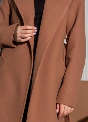 Пальто женское, миди, с поясом, карамель, шерстяное, демисезонное, пальто халат коричневое, весеннее9 фото