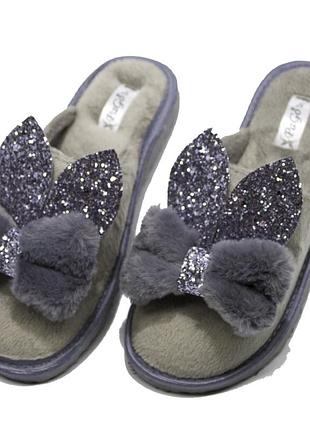 Тапочки закрытые домашние женские теплые pago " ушки зайчика" серый
