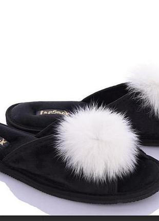 Тапочки женские открытые pago "пушок"с натуральным мехом (36,37,38,39,40,41) черный w180320-9