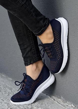 Кросівки жіночі на шнурках легкі сіточка дуже модний колір синьо помаранчеві