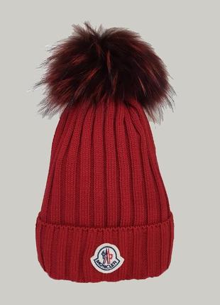 Шапка жіноча moncler patch pompom beanie hat mb-10007-1 red1 фото