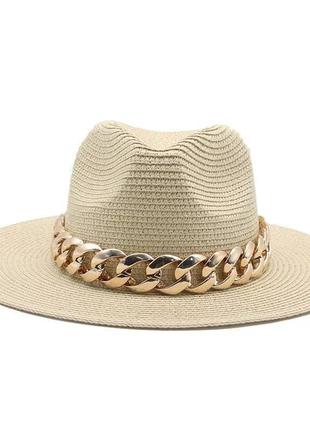 Женская соломенная шляпка федора с цепочкой беж