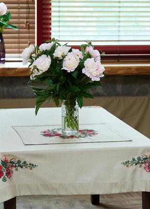 Вышитая скатерть с цветочным орнаментом на раскладной стол "мальвы" арт. 671-18/00 (2,4*1,4м)
