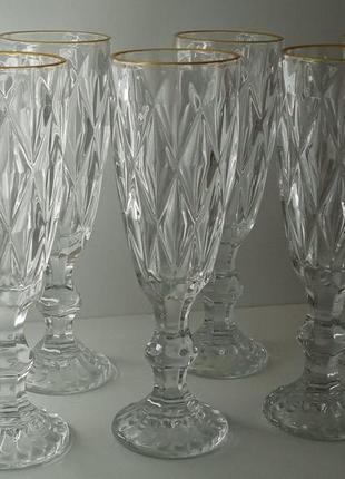 Набір келихів для шампанського прозорі з золотим обідком 6 шт смарагд 170 мл товсте скло