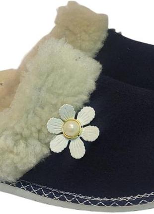 Тапочки домашні, кімнатні жіночі сині теплі на білій овчині, 37 - 41 розмір