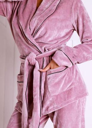 Плюшевый розовый костюм для дома на запах, укороченный халат со штанами, піжама шаль4 фото