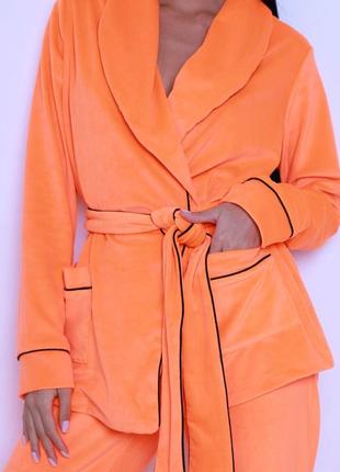 Плюшевый оранжевый костюм для дома на запах, укороченный халат со штанами, піжама шаль