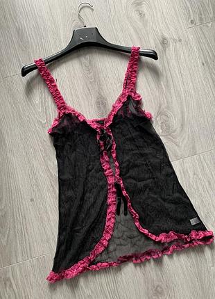 Черный пеньюар сетка с розовым кружевом