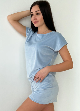 Трендовая пижама женская велюровая шорты и футболка 6 цветов 123ко
