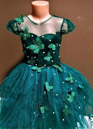 Бальное пышное платье на утренник и праздник леди-бабочка 3, 4, 5, 6, 7 лет изумруд зеленое