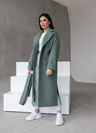 Женское красивое длинное пальто весна - осень цвет оливка 40-52 размеры3 фото