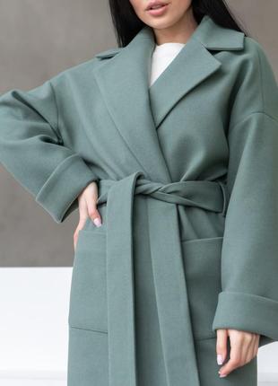 Женское красивое длинное пальто весна - осень цвет оливка 40-52 размеры9 фото