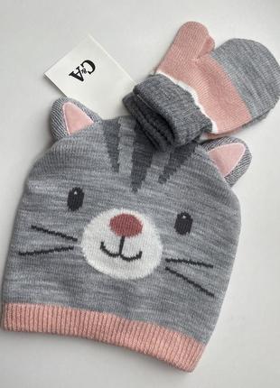 Комплект из шапочки с ушками и варежек котенок от c&a, германия2 фото