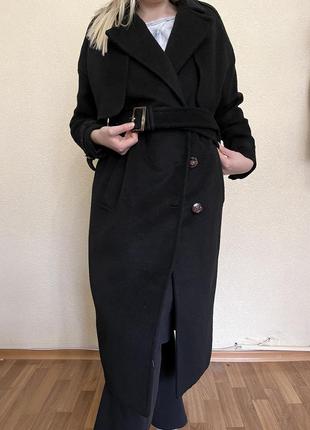 Пальто чорне кашемірове пальто-тренч двобортне