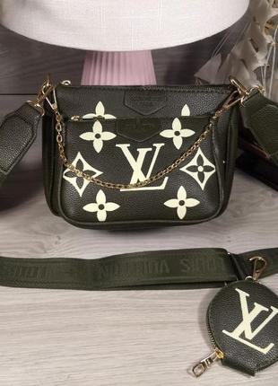 Сумка зелена жіноча в стилі louis vuitton multi pochette 3в1 сумка клатч хакі луї вітон