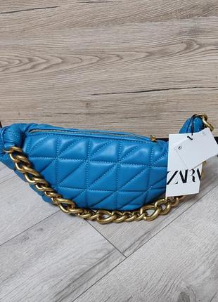 Жіноча шкіряна стьобана синя, блакитна сумочка, сумка zara2 фото
