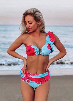 Купальник голубой розовый стильный s 44 46 яркий модный с цветами с высокими трусами топ