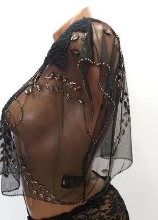 Болеро сітка вкорочене чорне вишивка зі стеклярусом і намистинами, індія, l (3998)3 фото