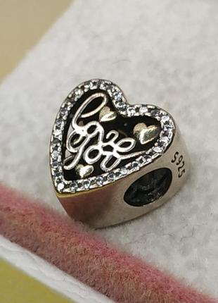 Шарм стерлінгове срібло 925 проба напис люблю тебе love you сердечка камінчики камені золотий колір кохання в стилі пандора3 фото