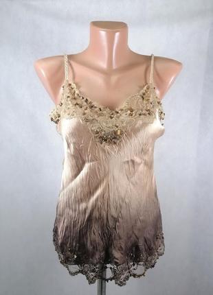 Шовкова майка топ бежева на бретельках мереживо натуральні камені