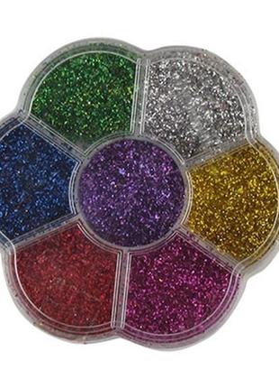 Сухі блискітки глитер 7 кольорів для нігтів для обличчя в коробочці квіточка творчість