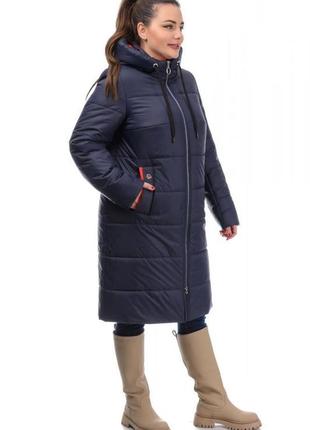 Демисезонное пальто женское синее с красной отделкой, больших размеров от 48 до 582 фото