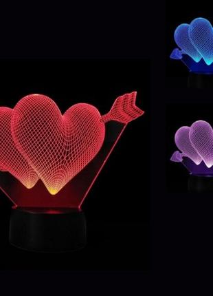 Ночник 3d светильник два сердца со стрелой +подарок