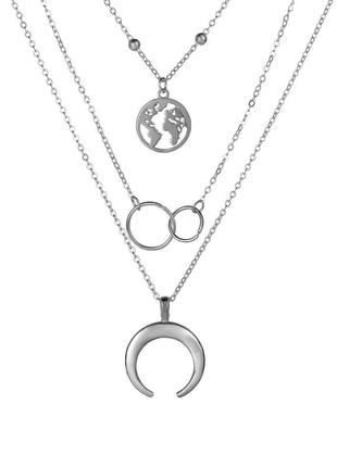 Тройная цепочка луна, планета, колечки, многослойное колье ожерелье5 фото