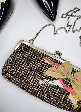Клатч сумка редикюль в клетку коричневая с аппликацией на цепочке от бренда george винтаж2 фото