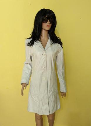 Белый кожаный плащ пальто пиджак длинный на пуговицах шкіряний піджак білий1 фото