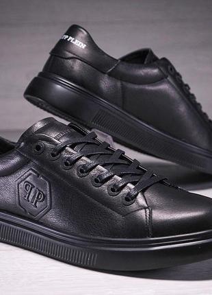 Шкіряні чоловічі кеди philipp plein nappa black