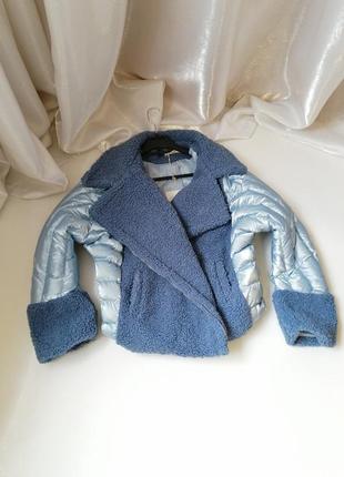 Куртка косуха оверсайз с мехом барашек тедди каракуль  , вставки перламутровой стёганой плащёвки фас1 фото