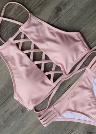🆕пудровый купальник м,розовый пудра раздельный купальник пуш ап на шнурочках завязках топ