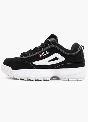 Женские черные замшевые кроссовки fila disruptor 2 black white на белой подошве1 фото