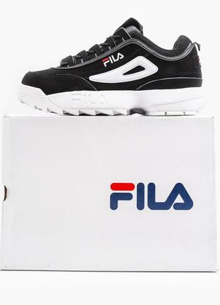 Женские черные замшевые кроссовки fila disruptor 2 black white на белой подошве9 фото