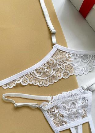 Комплект женского кружевного нижнего белья с открытым лифом и чокером samanta white2 фото