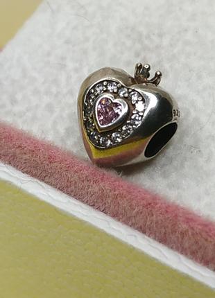 Шарм стерлинговое серебро 925 проба ale цирконий маленькая принцесса корона розовое сердечко камешки камни в стиле пандора2 фото