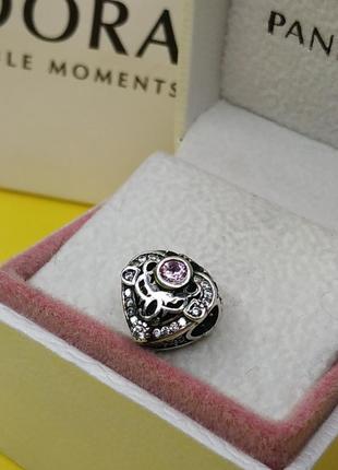 Шарм стерлинговое серебро 925 проба цирконий розовый камень маленькие камешки узоры завитки объёмное сердце сердечко фиолетовый в стиле пандора2 фото