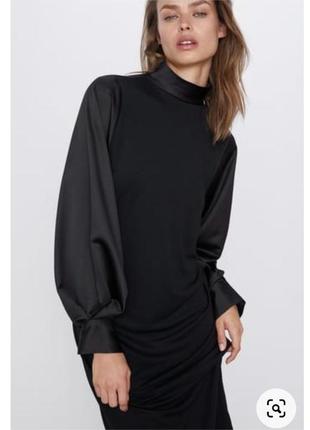 Платье черное миди с объемным рукавом zara